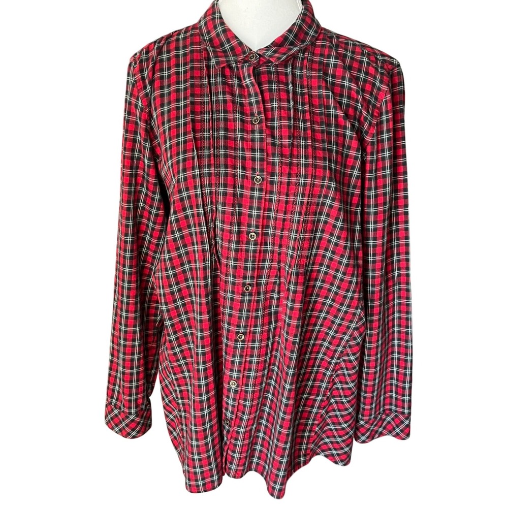 Uncommon J.Jill Women's Red Plaid Button Down 100% Cotton Shirt Holiday Sz L